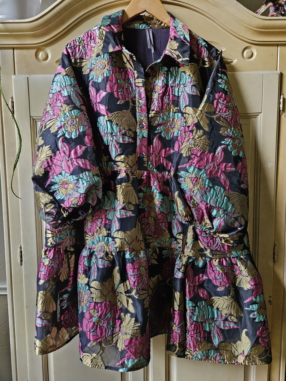 Anthropologie Floral Tiered Midi Dress in Black, Pink, Teal & Gold - Picture 2 of 7